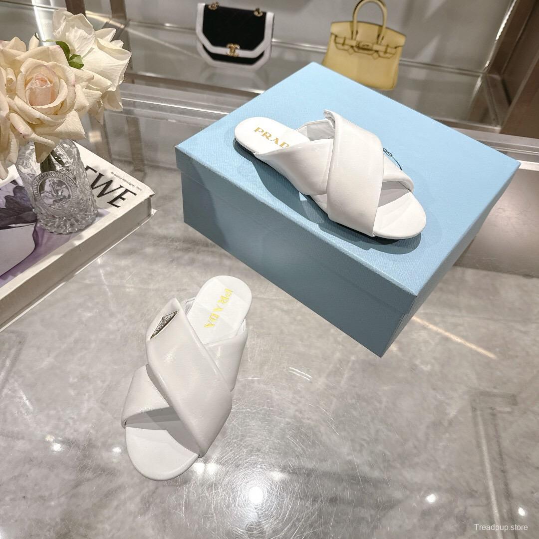 2025 Women Prada White Leather Slippers