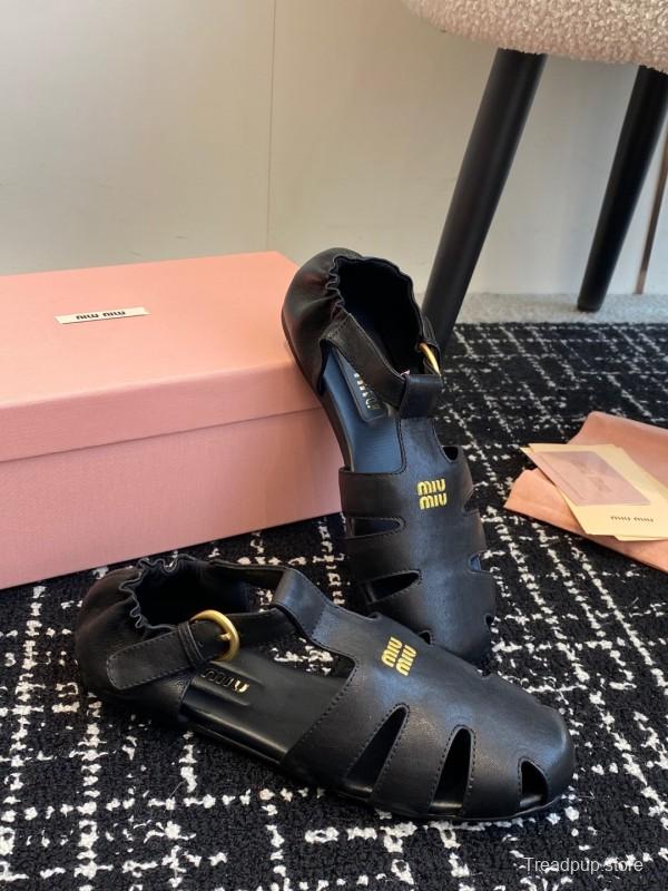 2025 Women Miu Miu Black Leather Flat Roman Sandals