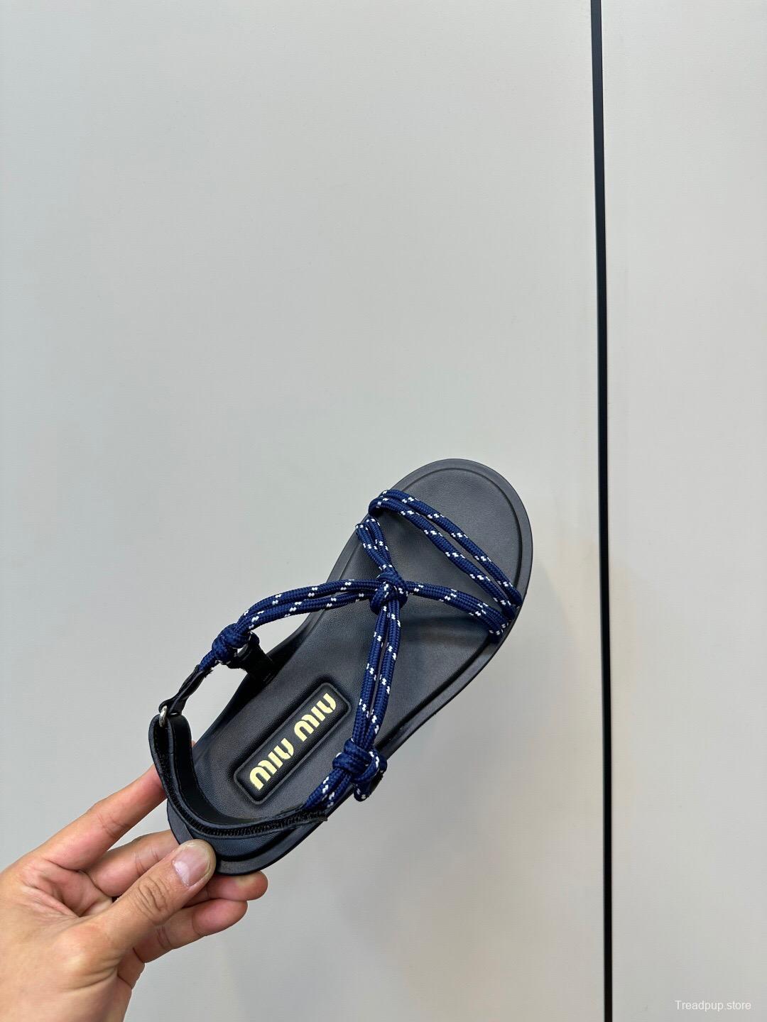 2025 Women Miu Miu Blue Black Leather Rope Sandals