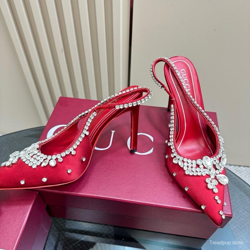 2025 Women Gucci Red Satin High Heel Slingback Crystal MJ00340