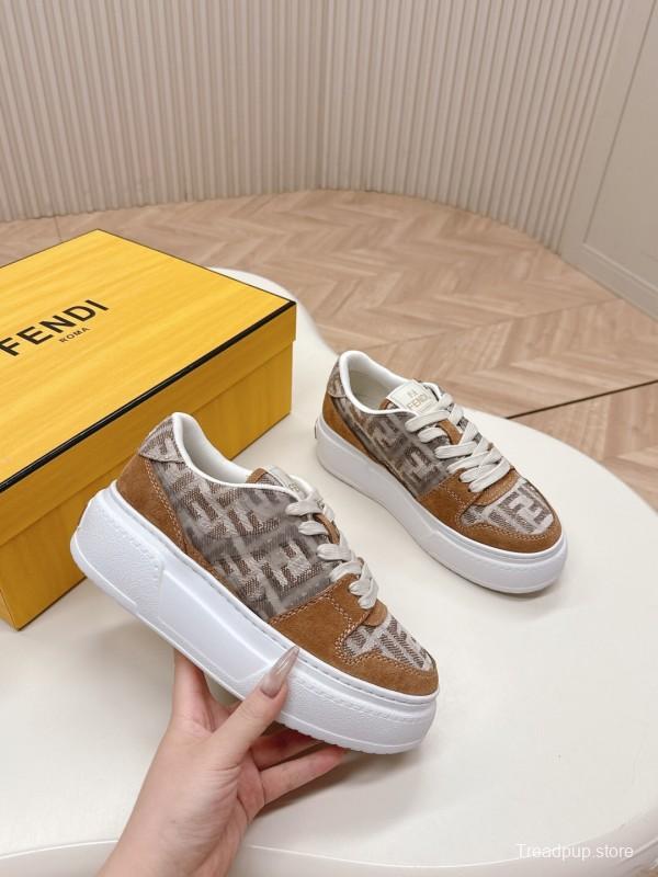 2025 Women Fendi Brown Beige Leather Mesh Sneakers LY00340