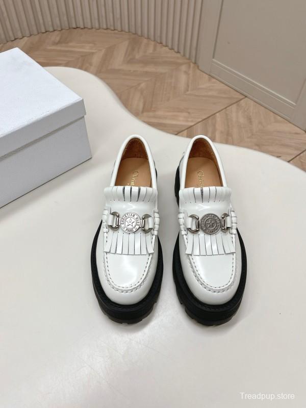 2025 Women Dior White Leather Loafers Metal Buckle KFY00350