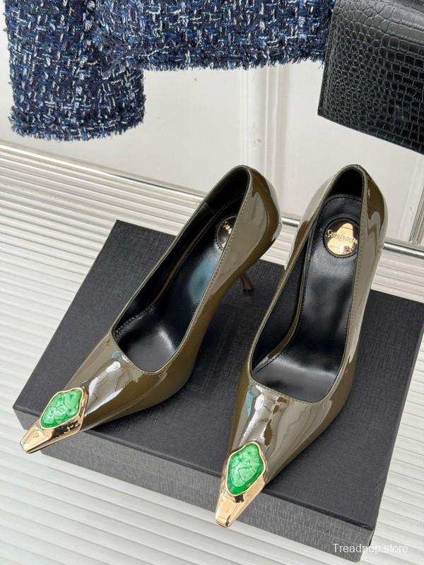 2024 Women Yves Saint Laurent Olive Green Patent Leather High Heel Gemstone MJ00330