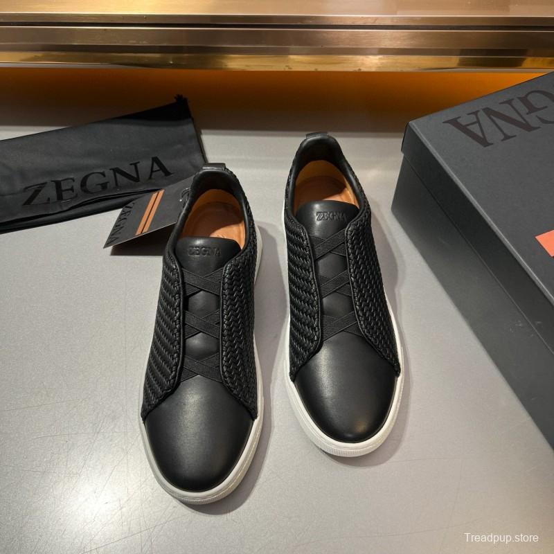 2024 Men Ermenegildo Zegna Black Smooth Calfskin Pelletessuta Sneakers Elastic Detail MJ00280