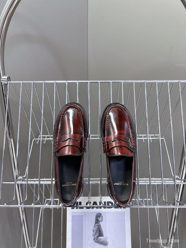 2025 Women Yves Saint Laurent Burgundy Calf Leather Loafers KFY00350