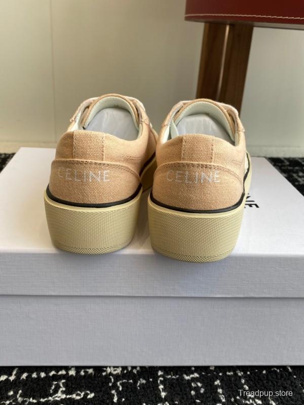 2025 Women Celine Beige Canvas Leather Platform Sneakers
