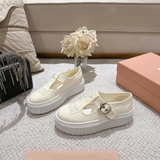 2025 Women Miu Miu White Canvas Platform Mary Jane LY00270