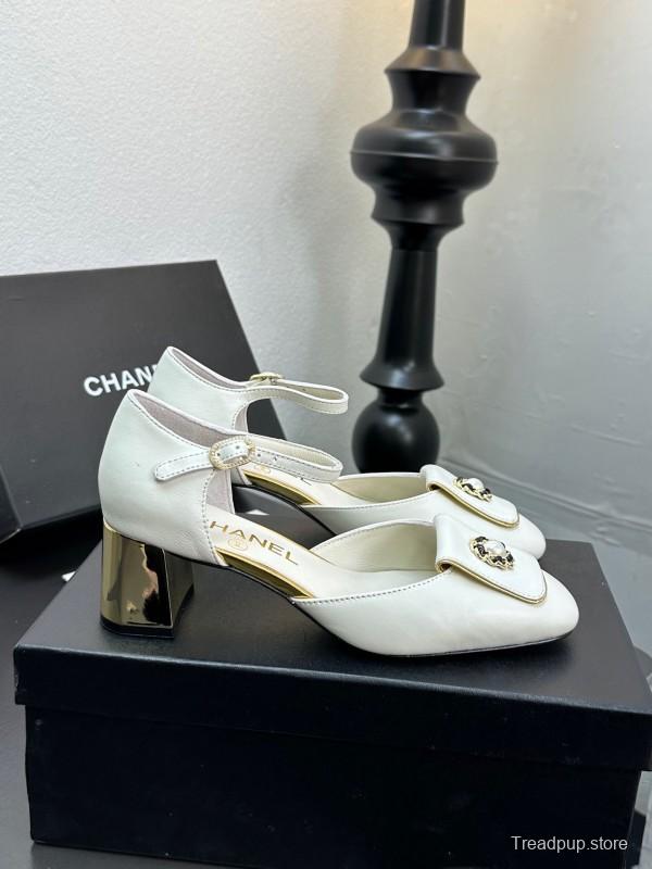 2025 Women Chanel White Leather Chunky Heel Metal Decoration LY00360