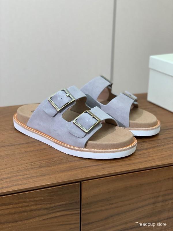 2025 Unisex Brunello Cucinelli Light Grey Suede Casual Sandals With Adjustable Buckles KFY00250
