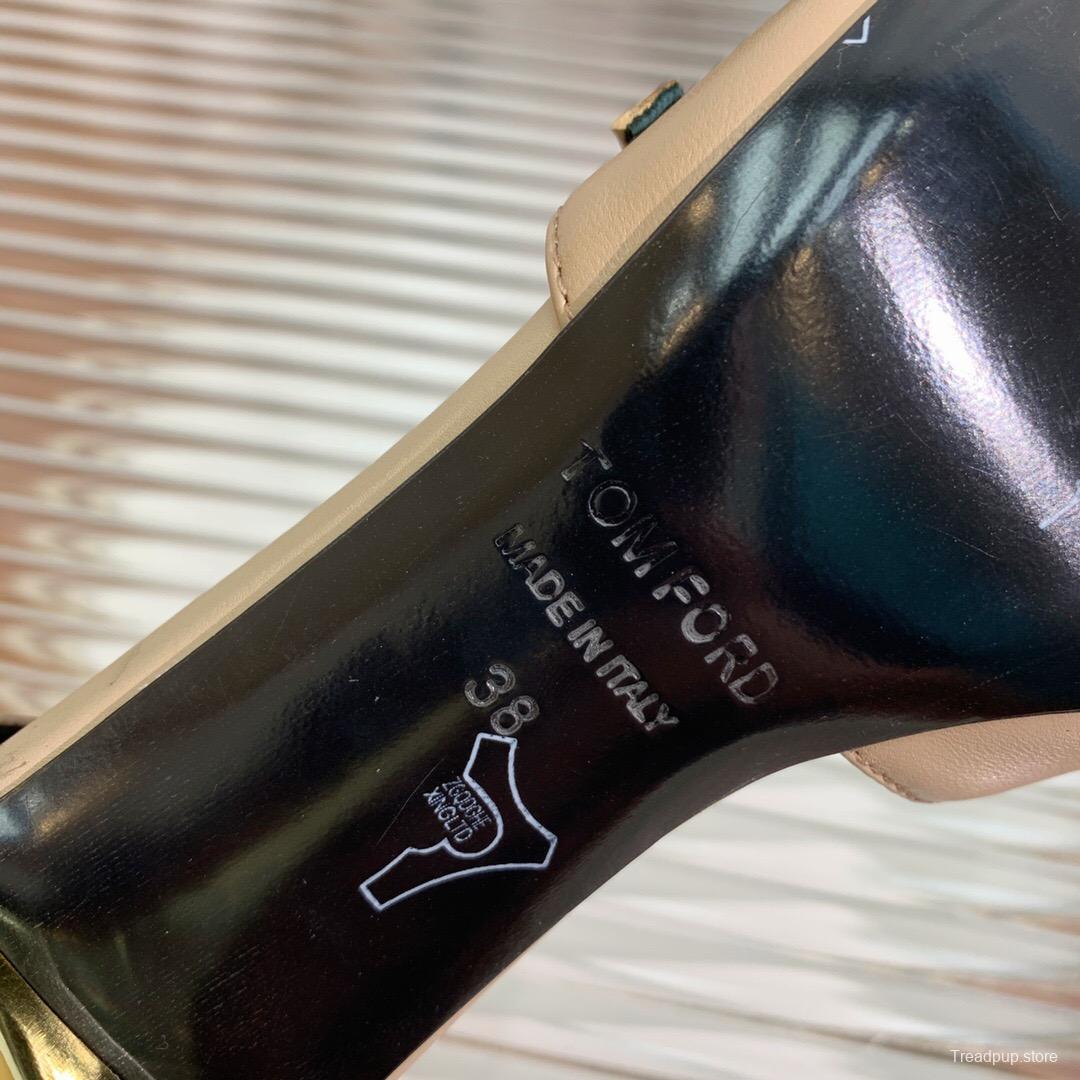 2025 Women TOM FORD Beige Leather Pointed Toe Metal Tip Pumps KFY00320