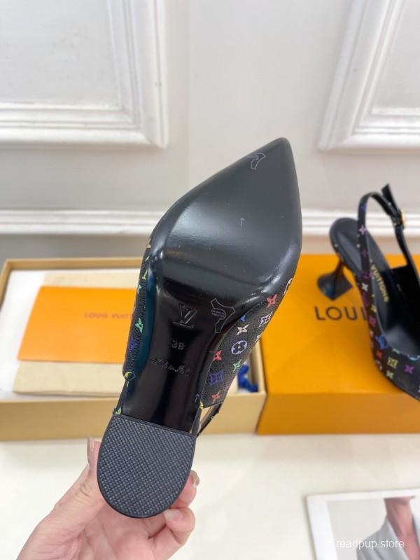 2025 Women Louis Vuitton Black Multicolor Leather Slingback Heels KFY00280