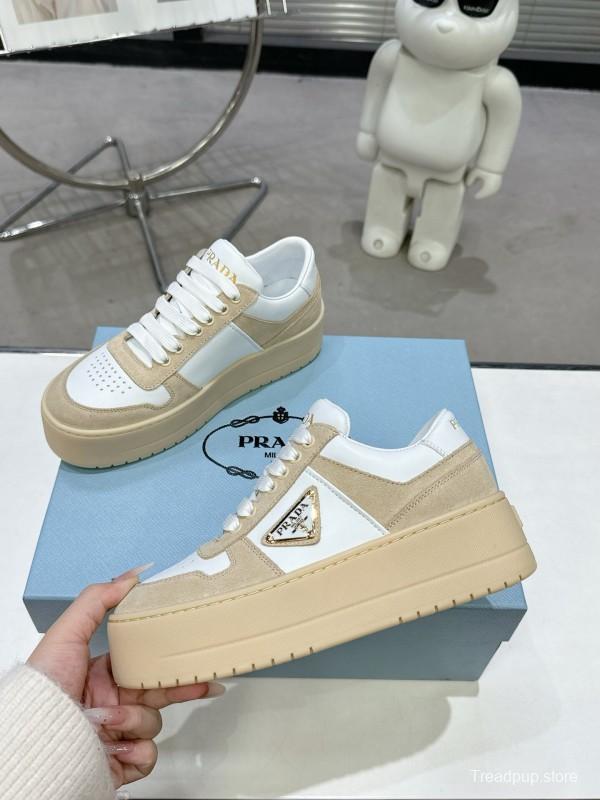2025 Women Prada White Beige Leather Sneakers
