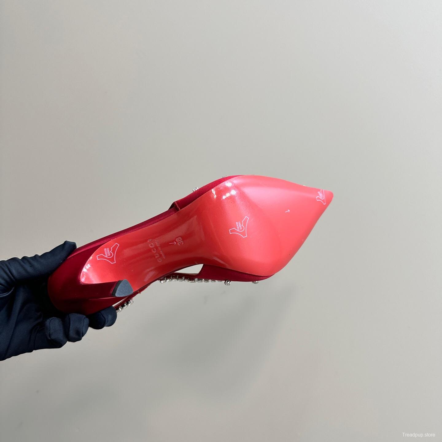 2025 Women Gucci Red Silk Rhinestone Embellished Heels KFY00340