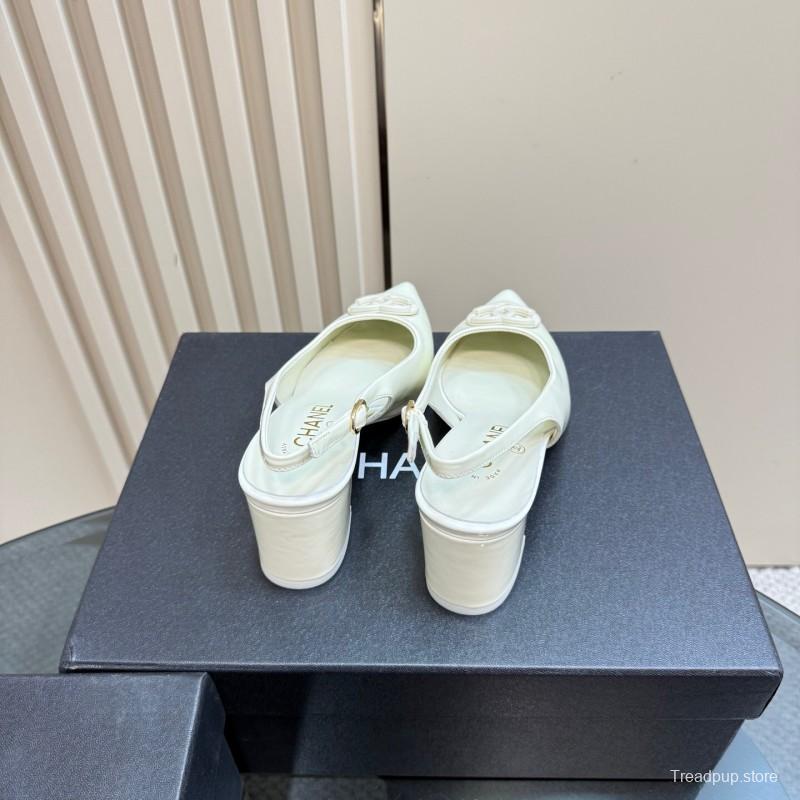 2025 Women Chanel White Patent Leather Slingback Pumps