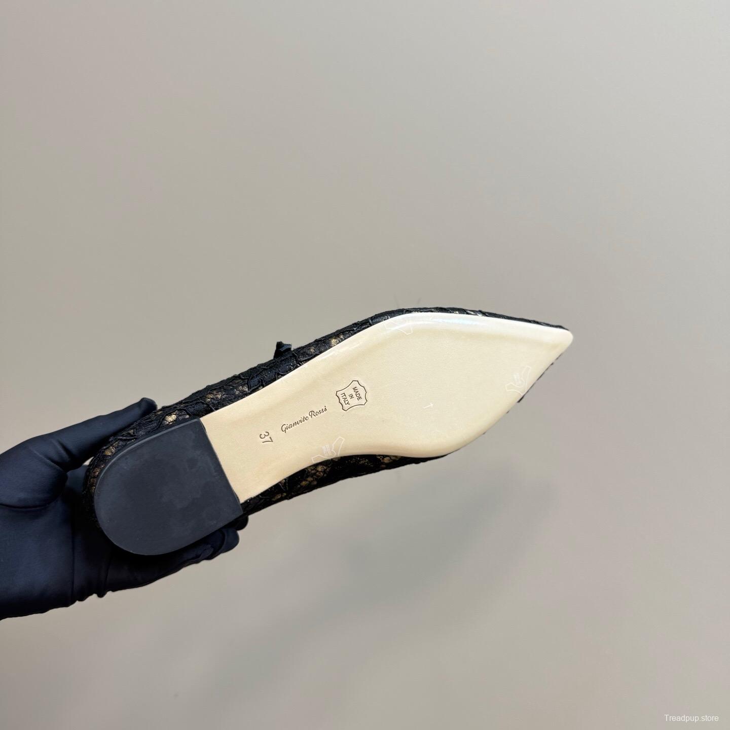 2025 Women Gianvito Rossi Black Lace Leather Mary Jane KFY00260