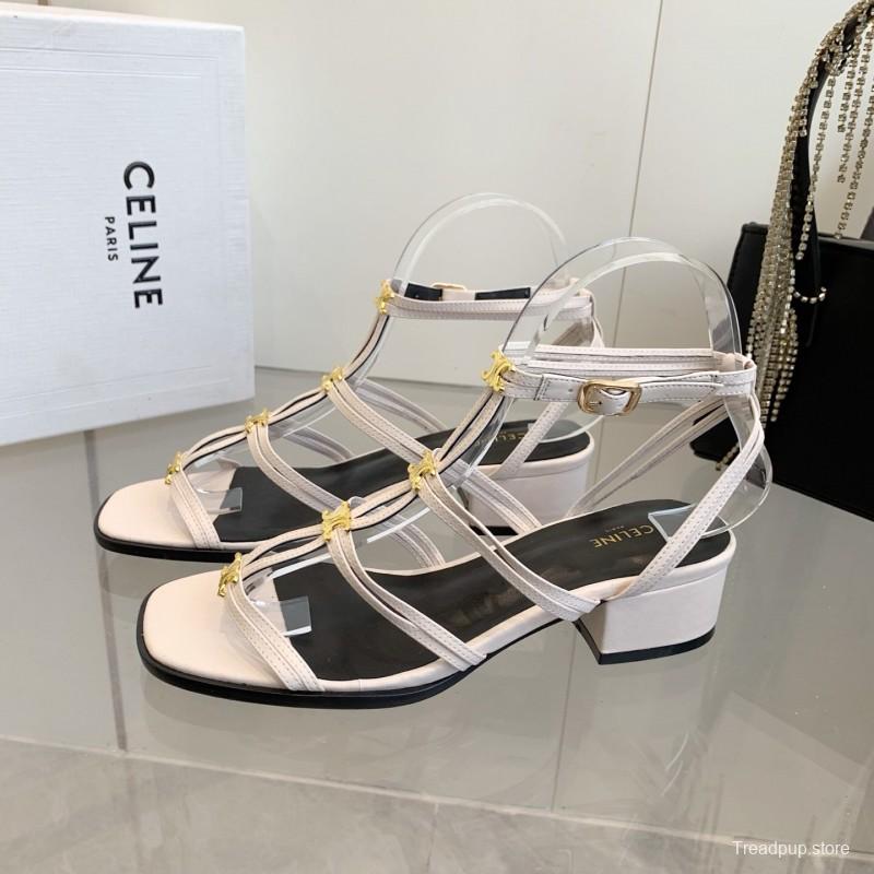 2025 Women CELINE White Leather Sandals Metal Detail KFY00300