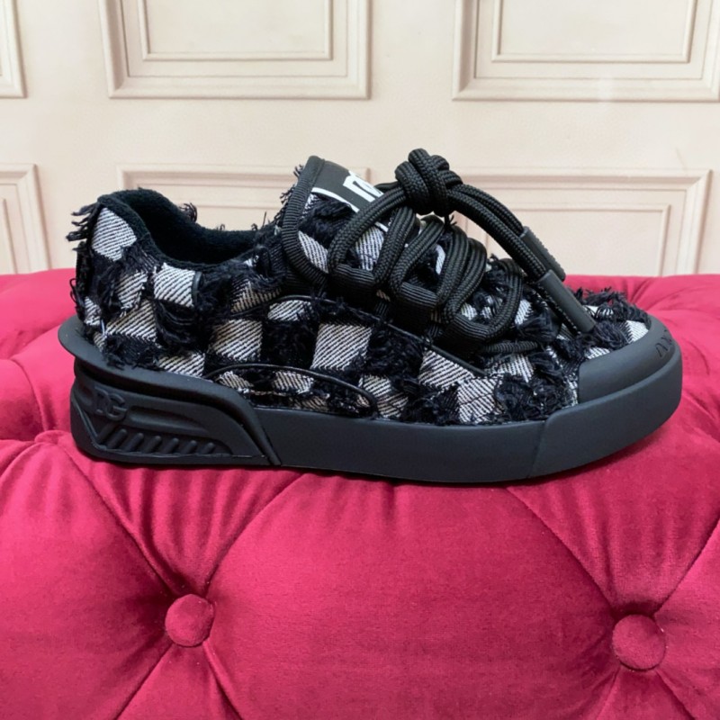 2024 Unisex Dolce & Gabbana Black White Wool Leather Sneakers MJ00340