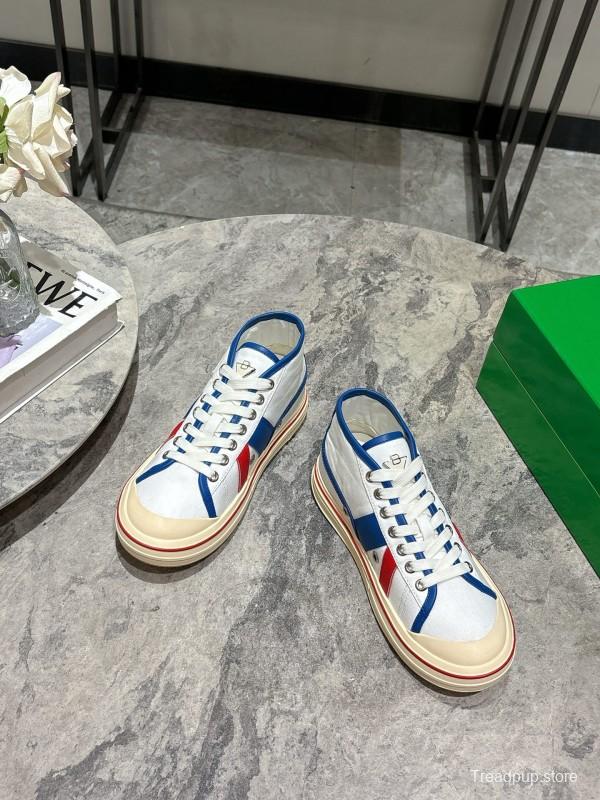 2025 Unisex Bottega Veneta White Blue Red Canvas Lambskin Sneakers Hand Painted Red Line KFY00260