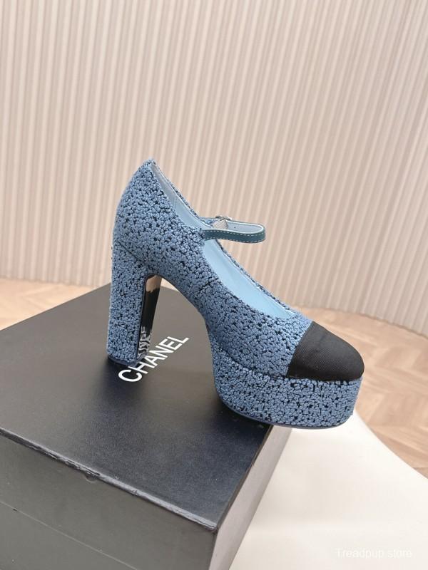 2025 Women Chanel Blue Black Tweed Leather Platform Pumps KFY00330
