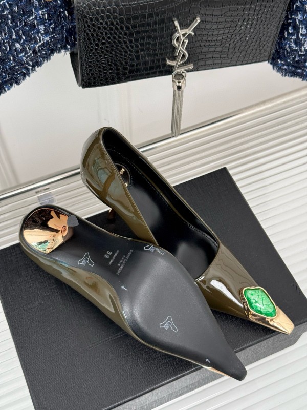 2024 Women Yves Saint Laurent Olive Green Patent Leather High Heel Gemstone MJ00330