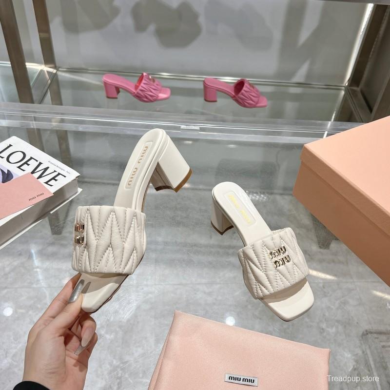 2025 Women Miu Miu White Sheepskin Sandals Embroidered KFY00250