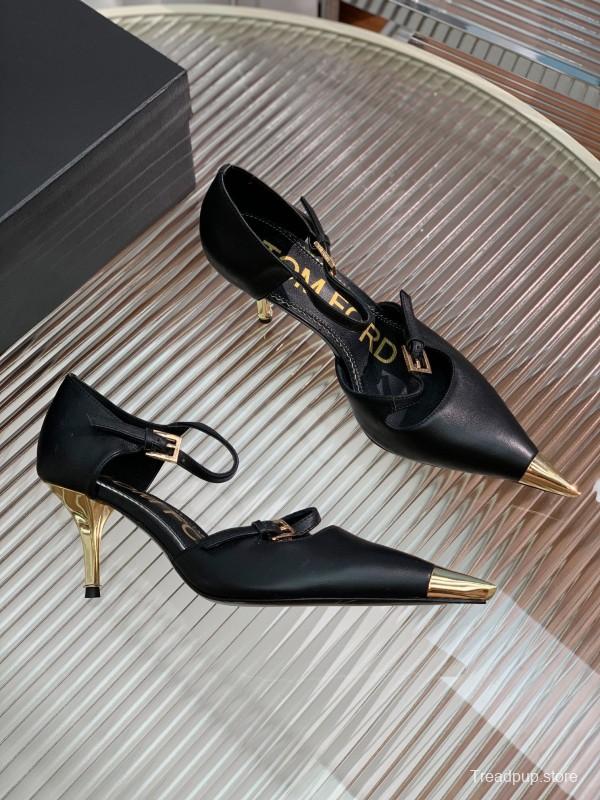 2025 Women TOM FORD Black Gold Leather Heels Metal Toe KFY00320