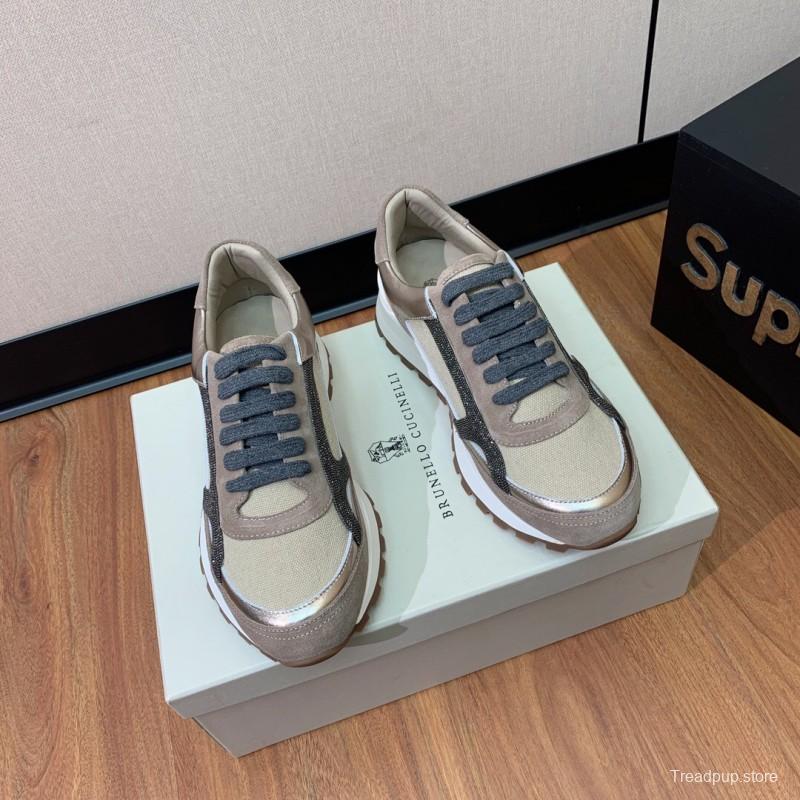 2025 Unisex Brunello Cucinelli Beige Grey Suede Mesh Sneakers LY