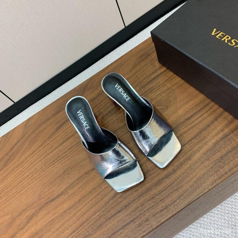 2025 Women VERSACE Silver Leather Slippers