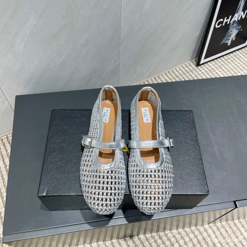 2025 Women Alaïa Silver Leather Woven Mary Jane Flats LY00360(F)