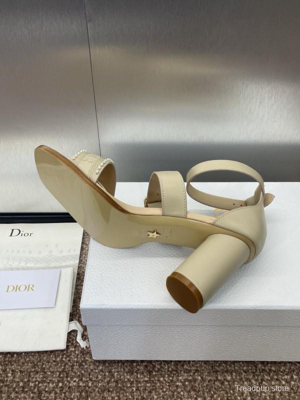 2025 Women Dior Beige Leather Sandals Ankle Strap KFY00320