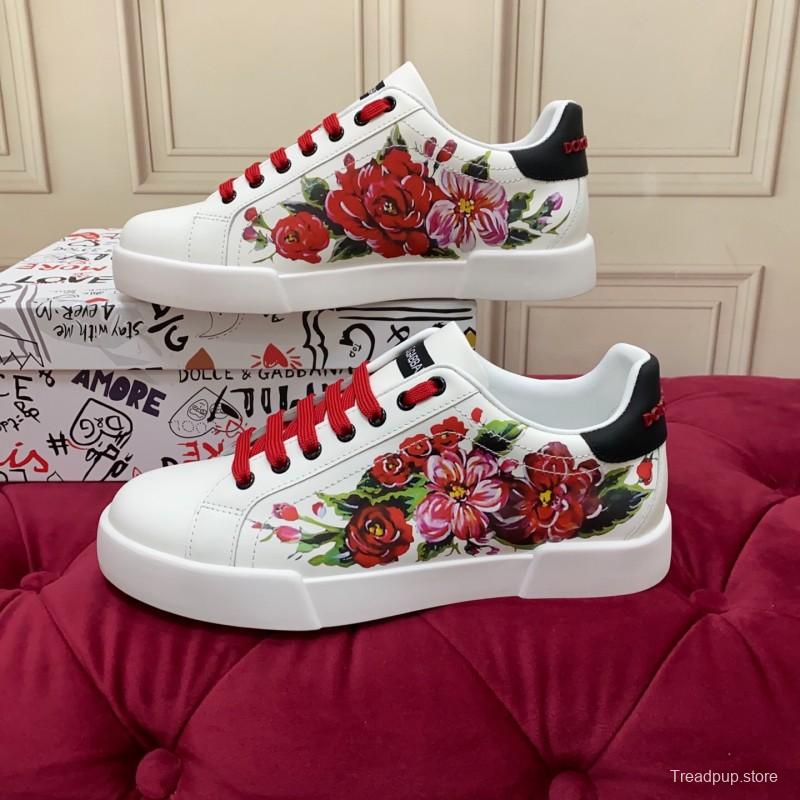 2025 Women Dolce & Gabbana White Red Leather Sneakers Floral LY00300