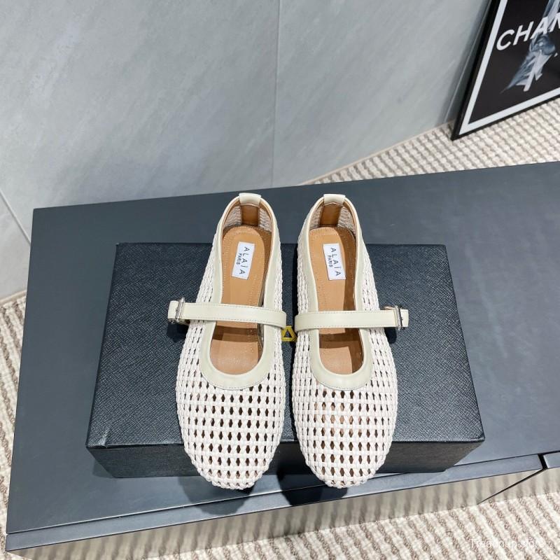 2025 Women Alaïa White Leather Woven Mary Jane Flat Shoes LY00360(F)