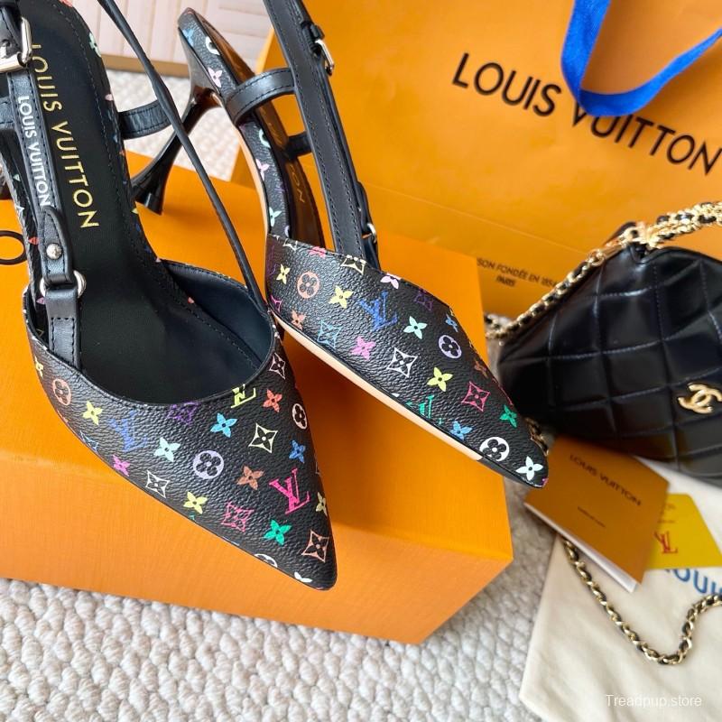 2025 Women Louis Vuitton Black Multicolor Canvas Leather Slingback Heels