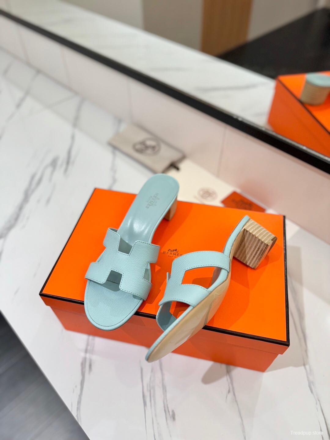 2025 Women Hermès Light Blue Leather Sandals