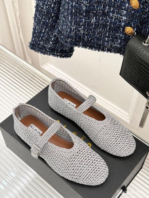2025 Women AlAIA White Grey Knit Mary Jane Ballet Flat