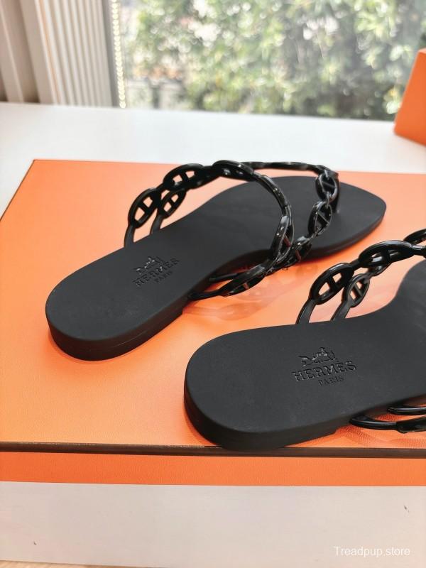 2025 Women Hermès Black Leather Chain Strap Flip Flop Sandals LY00360(F)