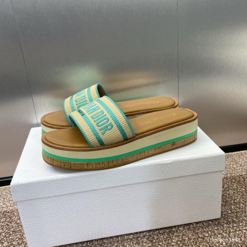 2025 Women Dior Blue Beige Fabric Leather Platform Slide Sandals