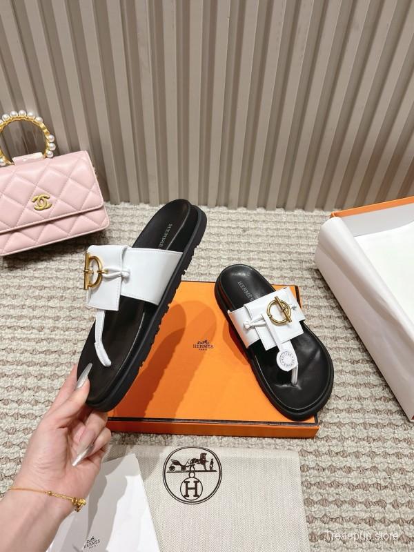 2025 Women Hermès White Leather Slippers LY00270
