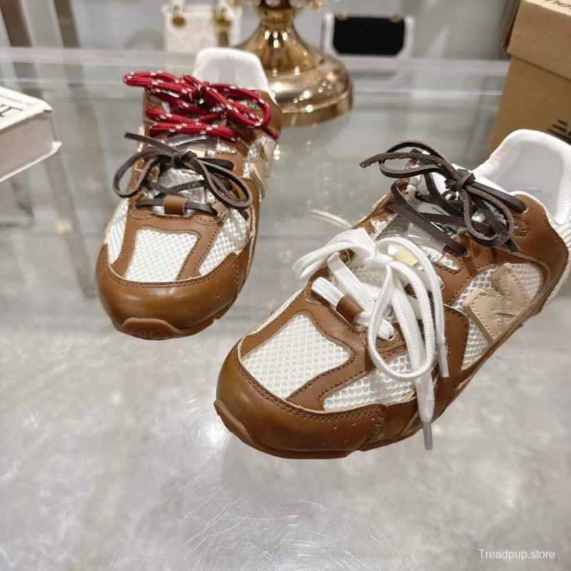 2025 Women Miumiu Brown White Leather Mesh Sneakers