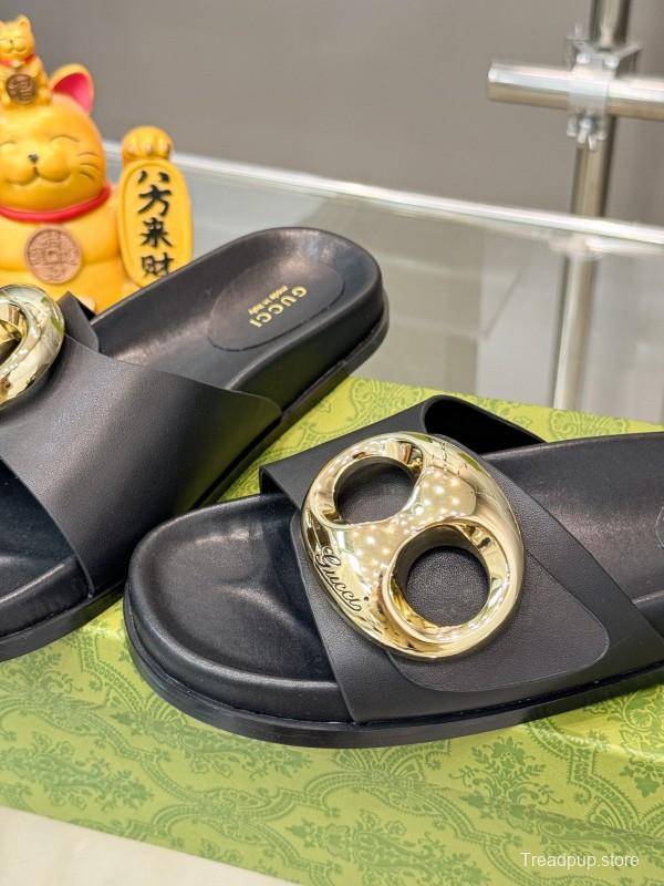 2025 Gucci Black Leather Slippers KFY00210