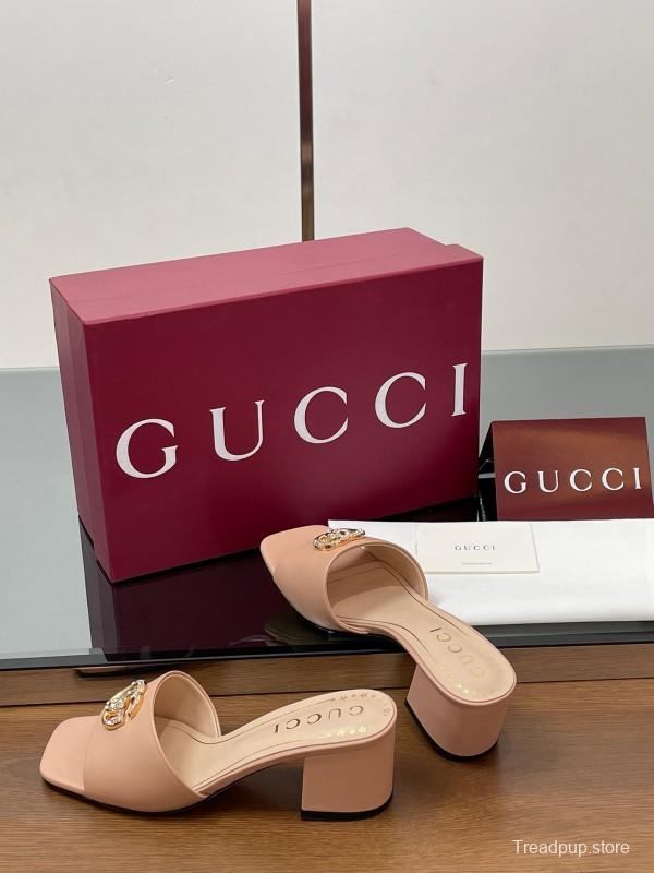 2025 Women Gucci Pink Leather Slippers GG Crystal Buckle LY00280