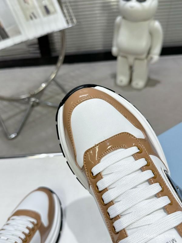 2025 Women Prada White Brown Leather Sneakers