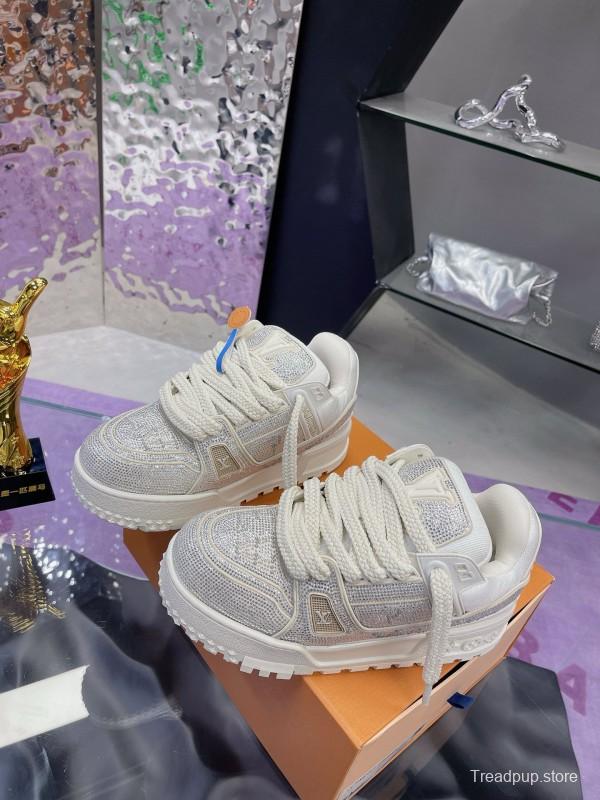 2024 Unisex Louis Vuitton White Silver Leather Trainers Crystal Embellished MJ00430