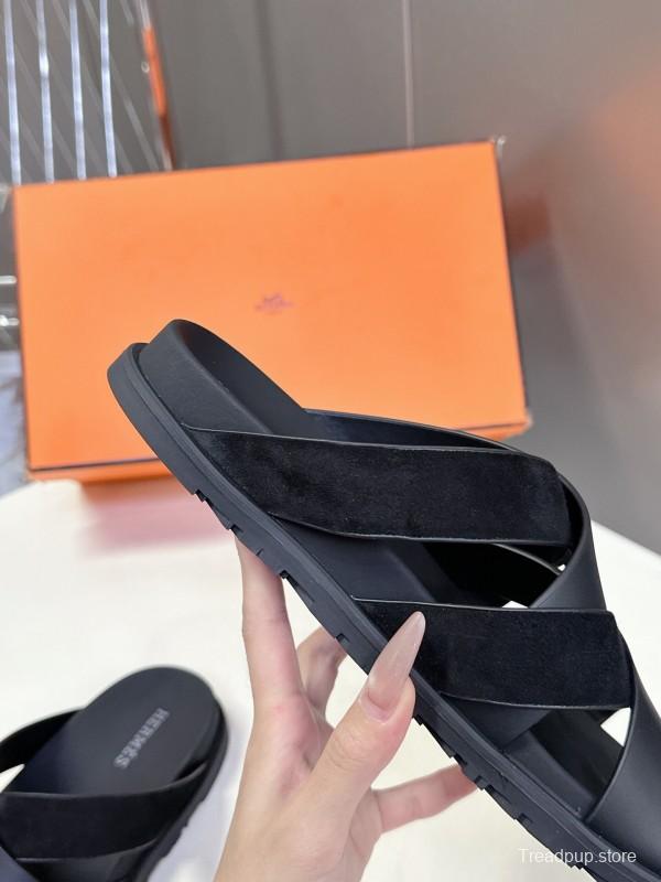 2025 Slippers Hermès Black Leather Slippers