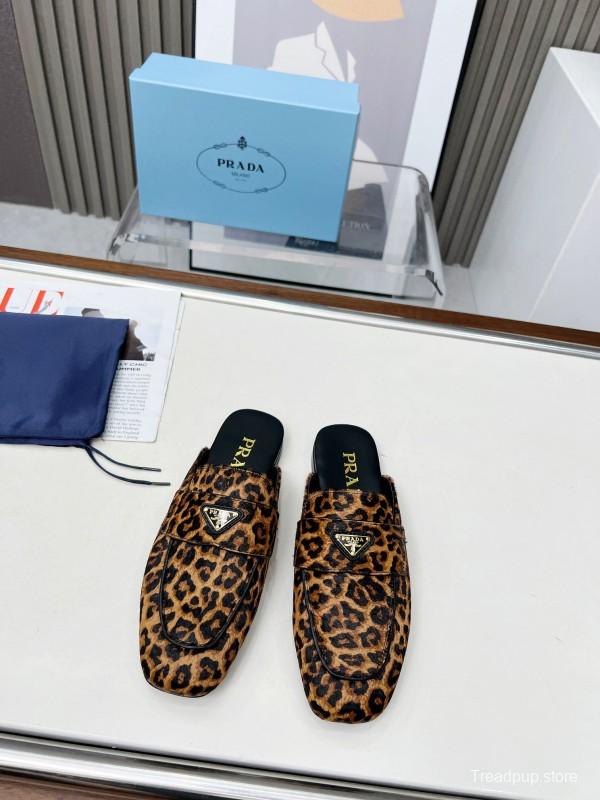 2025 Women Prada Leopard Calf Hair Slippers LY00260