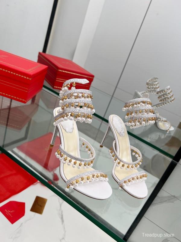 2025 Women RC White Crystal Pearl Leather High Heel Sandals LY00360