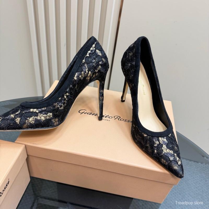 2025 Women Gianvito Rossi Black Lace Leather High Heel KFY00280