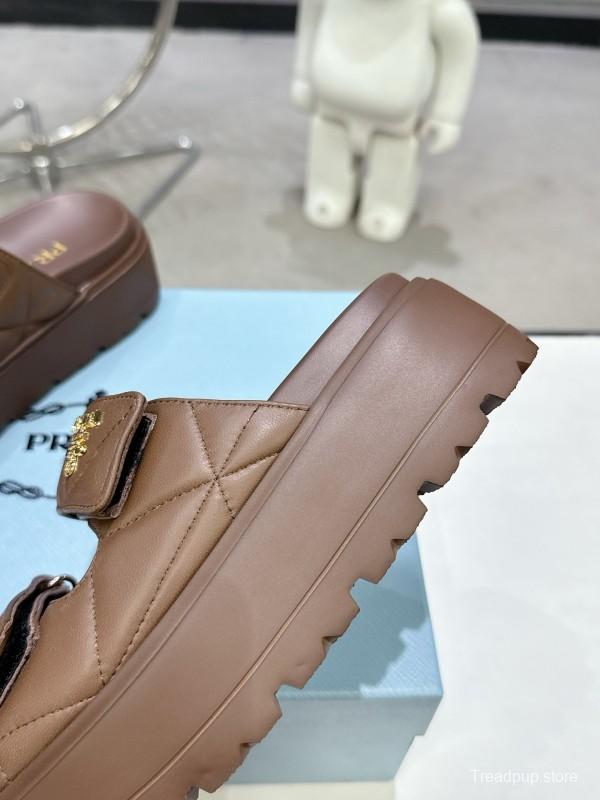2025 Women Prada Brown Leather Sandals