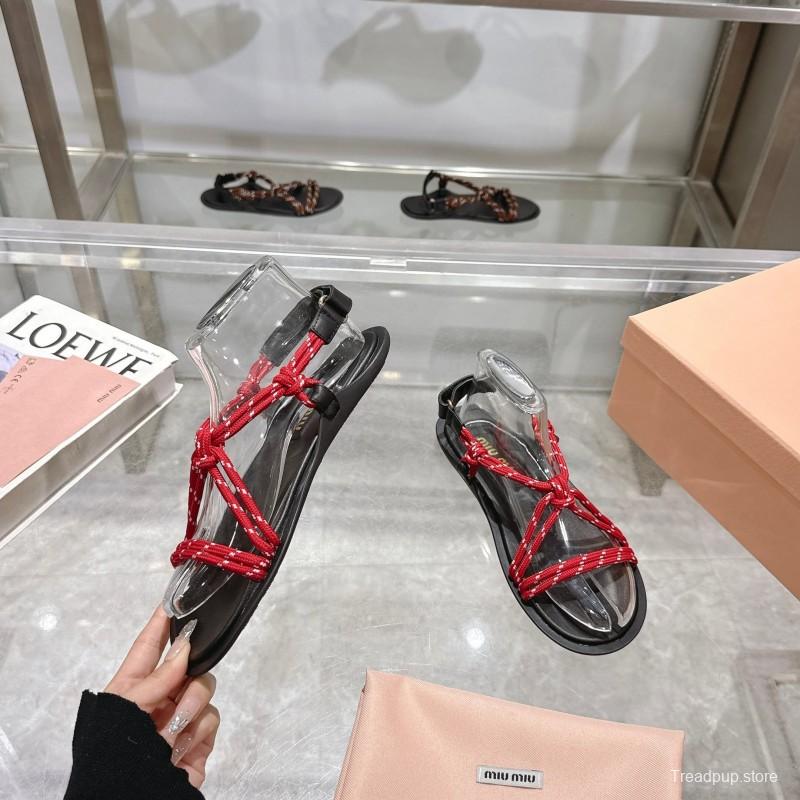 2025 Women Miu Miu Red Black Leather Rope Sandals KFY00200
