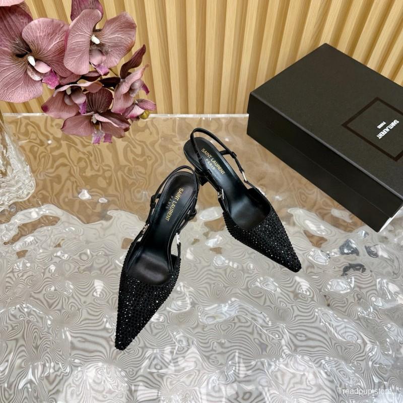 2024 Women Yves Saint Laurent Black Silk Slingback Heels MJ00320